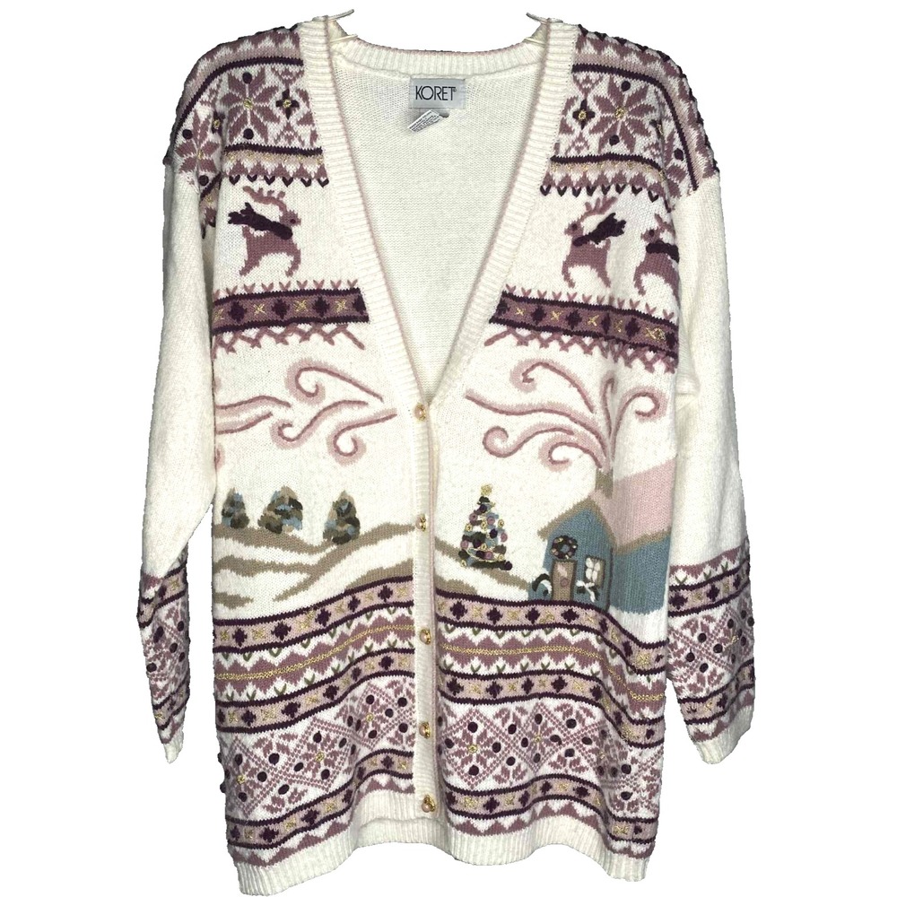 Koret women's cardigan Christmas‎ winter scene embroidery cottagecore size small